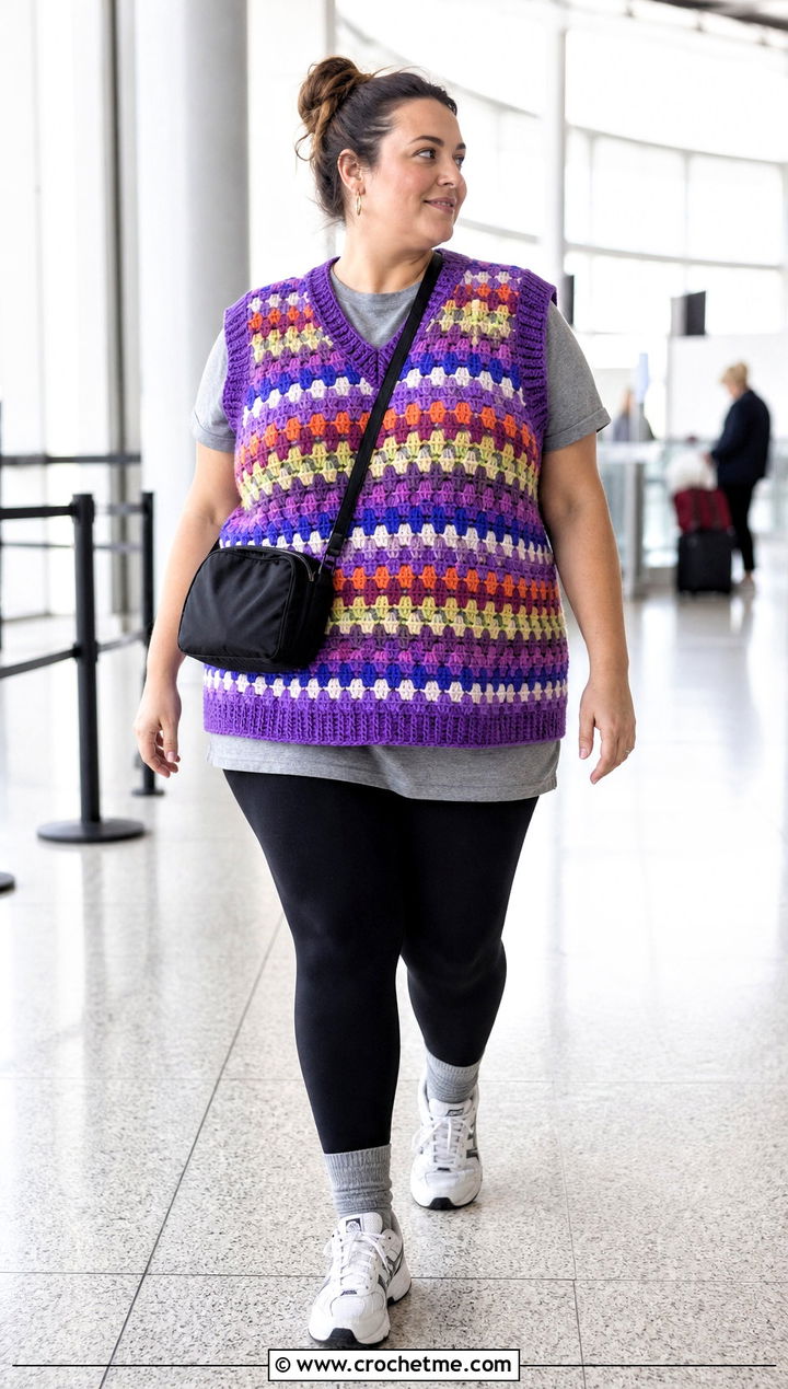 Oversized Granny Stripe Crochet Vest With Leggings - 15 granny stripe crochet vest outfit ideas