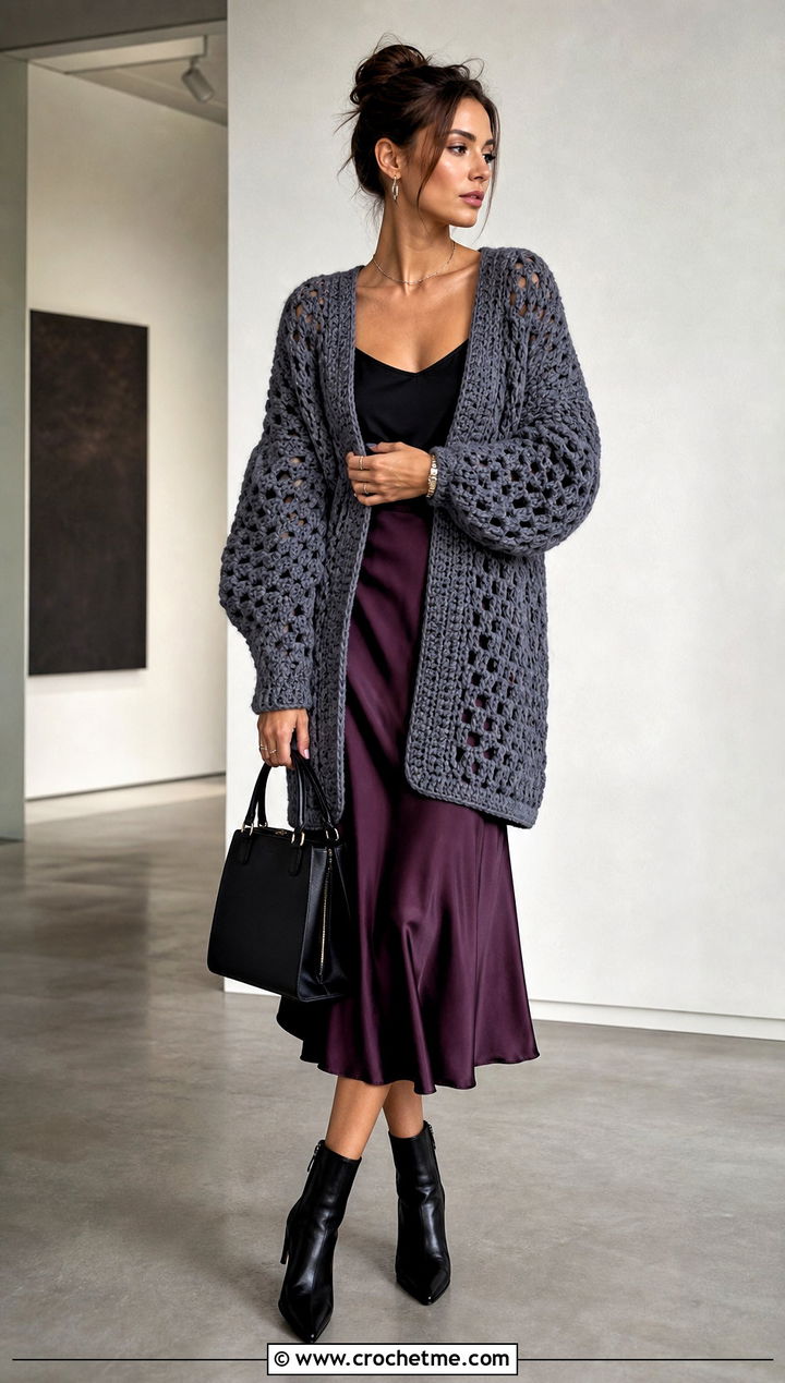 Oversized Gray Crochet Cardigan With Satin Slip Skirt - 15 Gray Crochet Cardigan outfit ideas