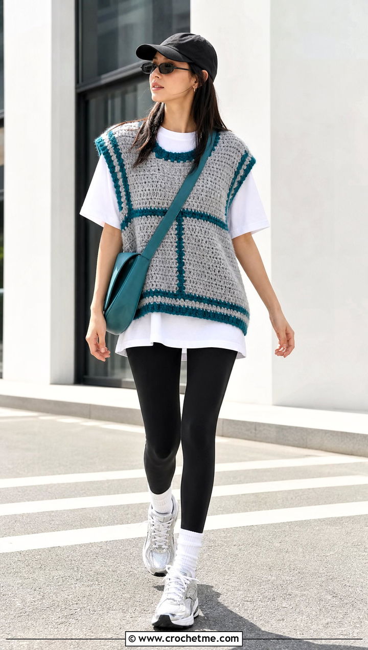 Oversized Gray Crochet Sweater Vest With Leggings And Sneakers - 15 Gray Crochet Sweater Vest outfit ideas