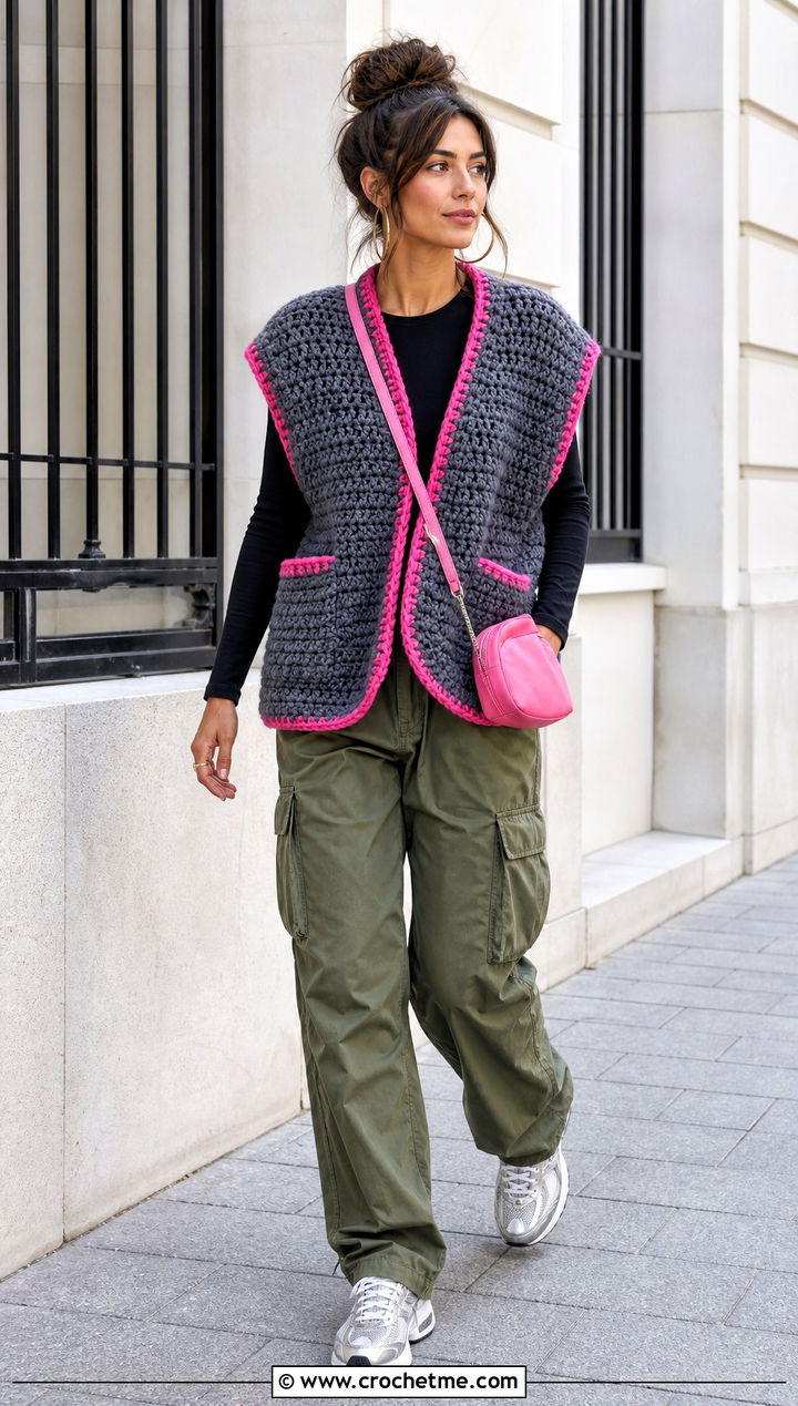 Oversized Gray Crochet Vest With Cargo Pants - 15 gray crochet vest outfit ideas