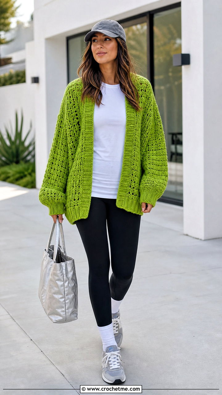Oversized Green Crochet Cardigan With Leggings - 35 green crochet cardigan outfit ideas