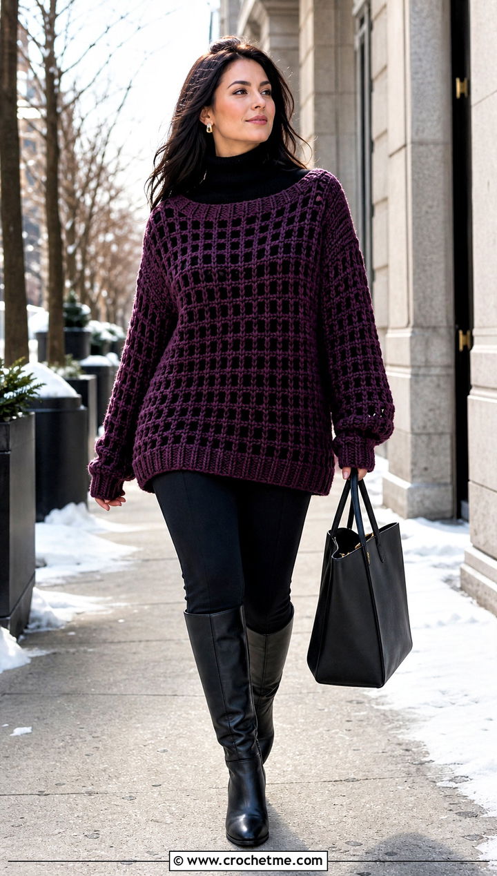 Oversized Grid Crochet Sweater With Leggings And Boots - 15 grid crochet sweater design outfit ideas