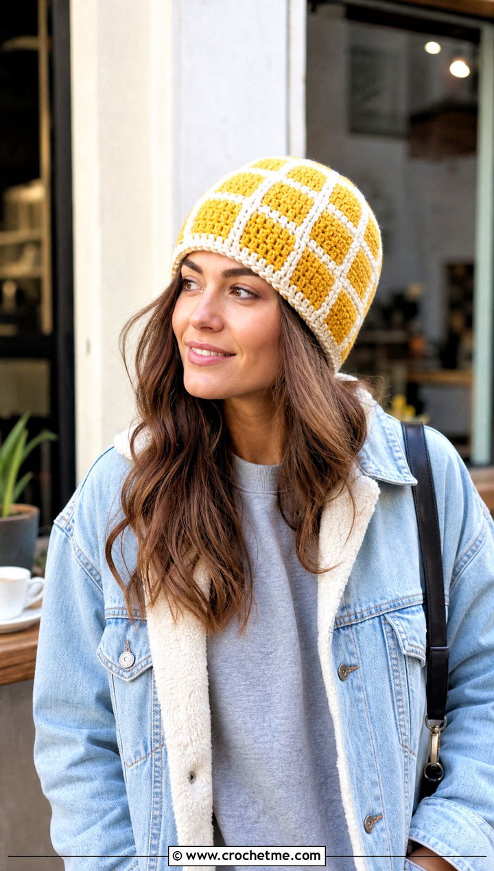 Oversized Grid Plaid Crochet Beanie With Denim Jacket - 15 Plaid Crochet Beanie outfit ideas
