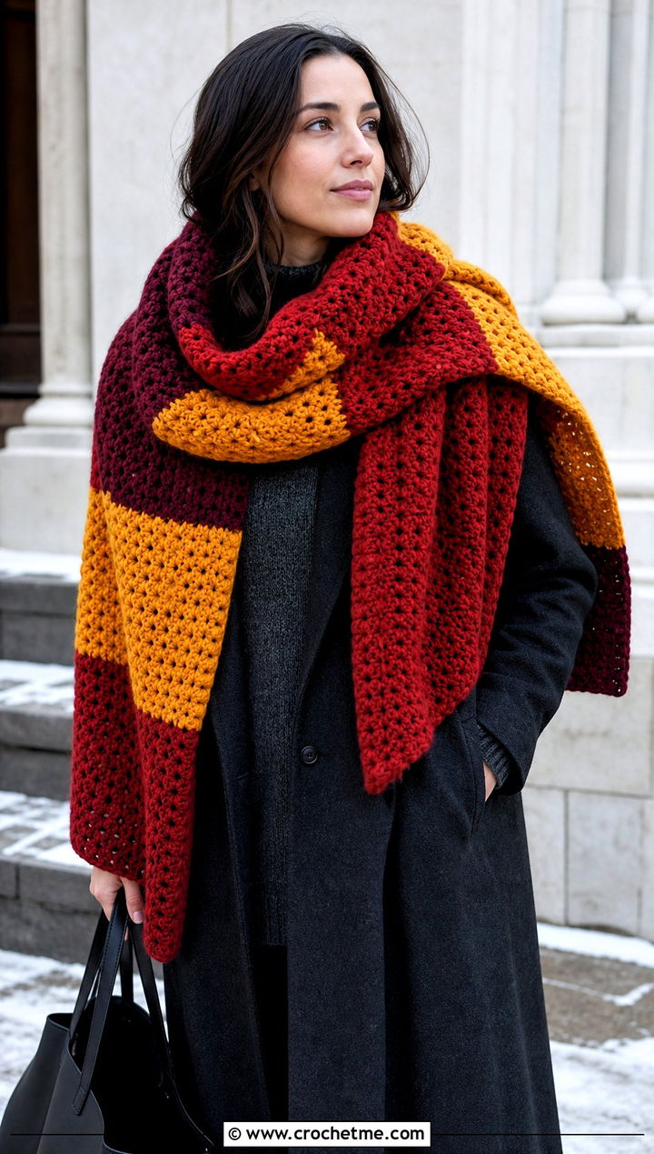Oversized Gryffindor Crochet Blanket Scarf With Monochrome Outfit - 25 gryffindor crochet scarf outfit ideas