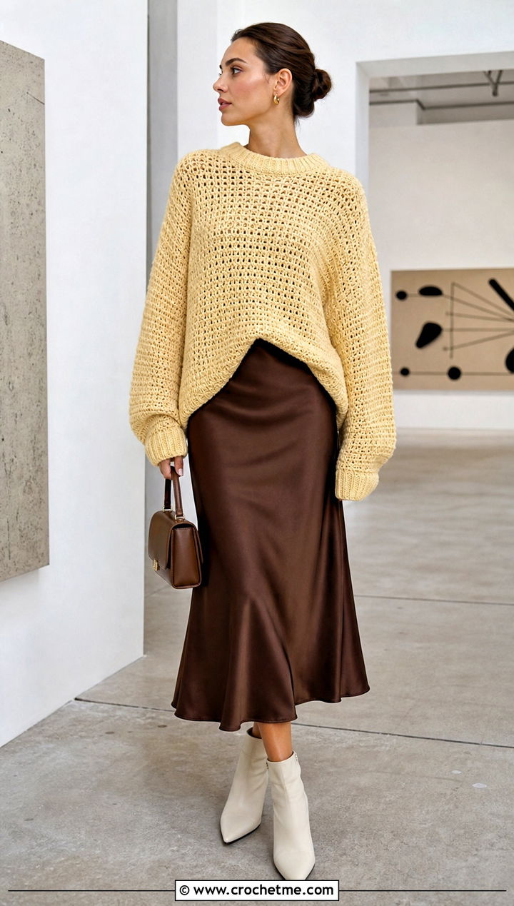 Oversized Half Double Crochet Sweater With Satin Midi Skirt - 30 half double crochet sweater outfit ideas