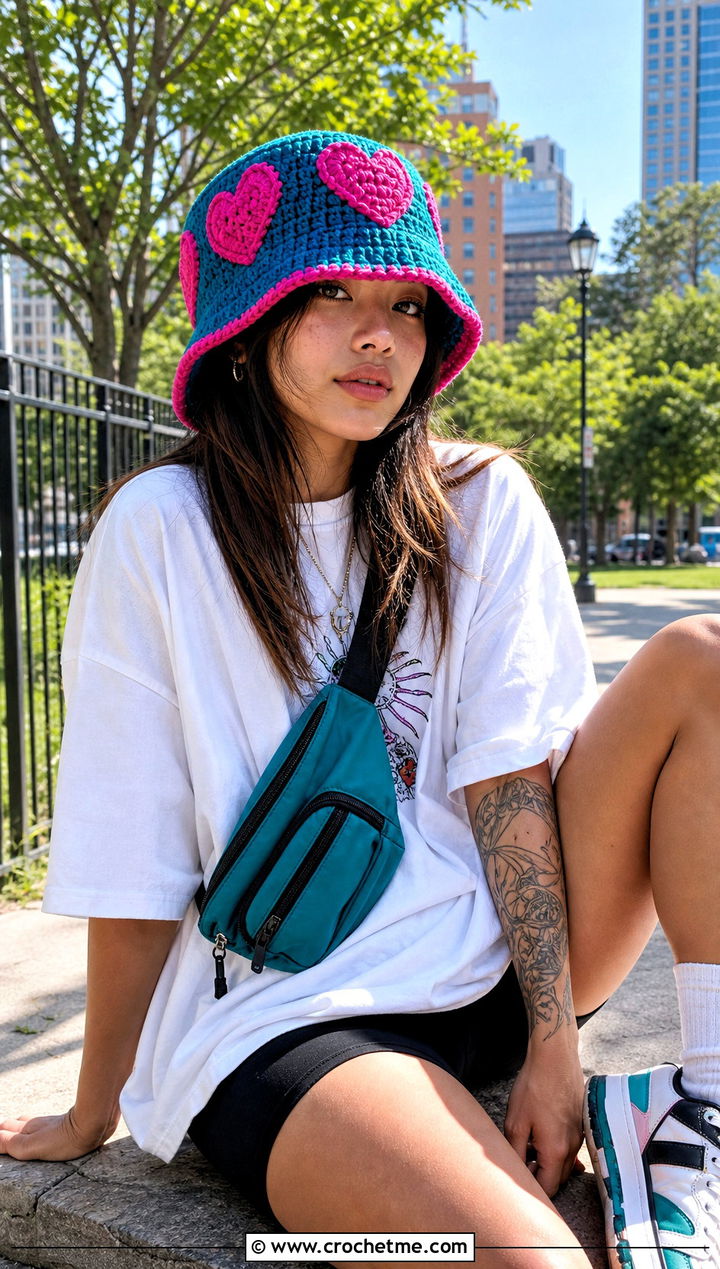 Oversized Heart Bucket Hat With Graphic Tee And Biker Shorts - 25 crochet heart bucket hat outfit ideas