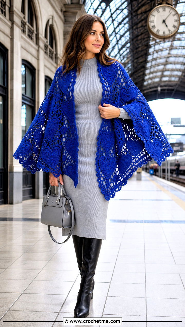 Oversized Heart Crochet Shawl With Knit Dress - 25 Heart Crochet Shawl outfit ideas