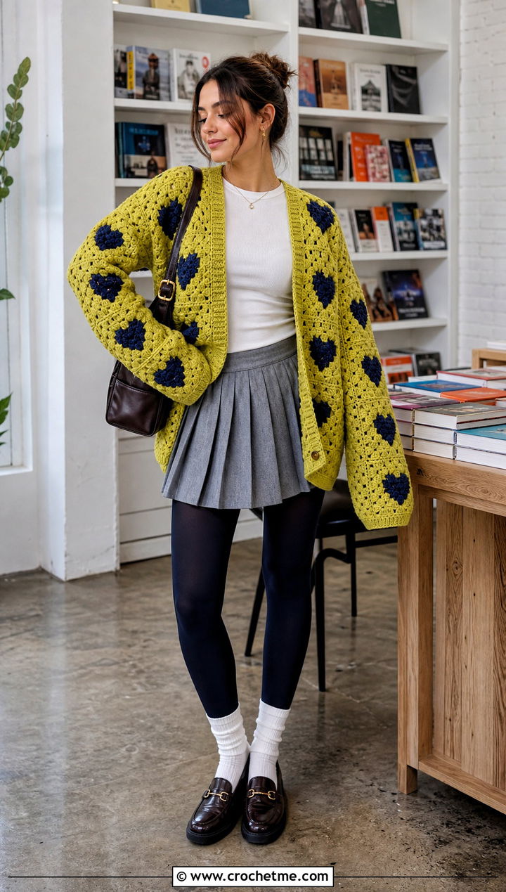 Oversized Heart Granny Square Cardigan With Pleated Mini Skirt - 35 Heart Granny Square Cardigan outfit ideas