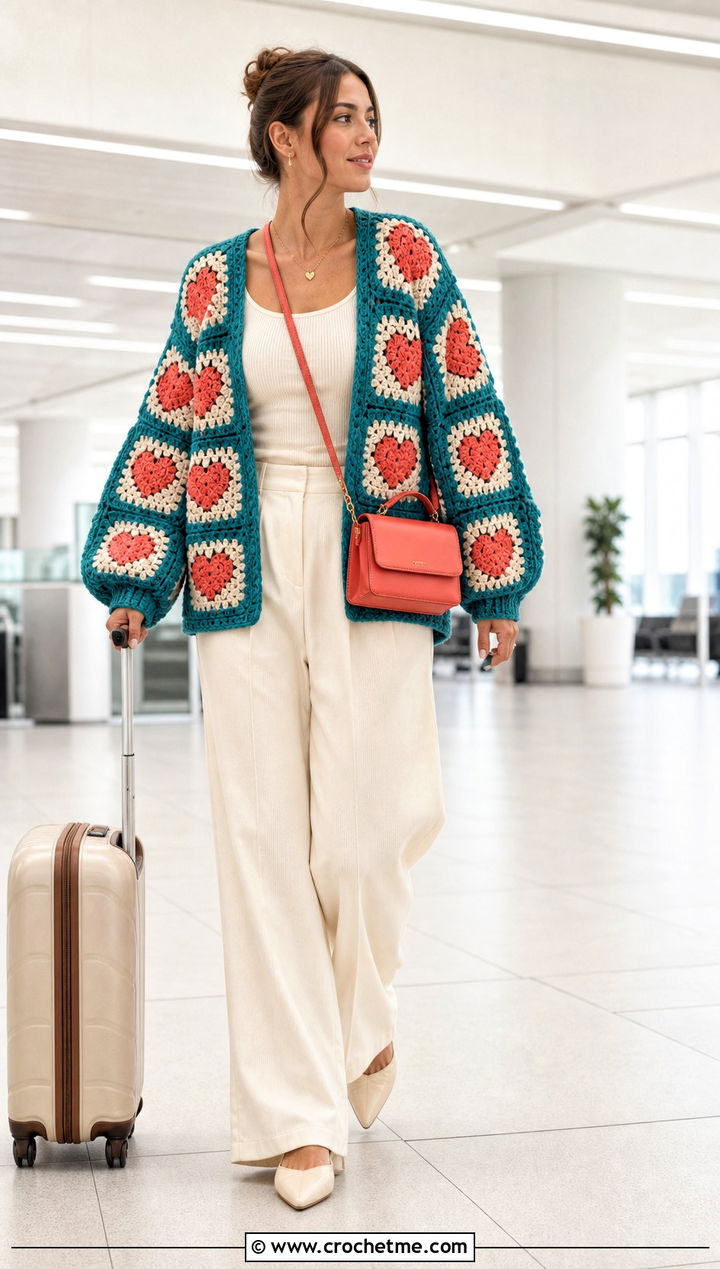 Oversized Heart Granny Square Cardigan With Wide Leg Pants - 35 Heart Granny Square Cardigan outfit ideas