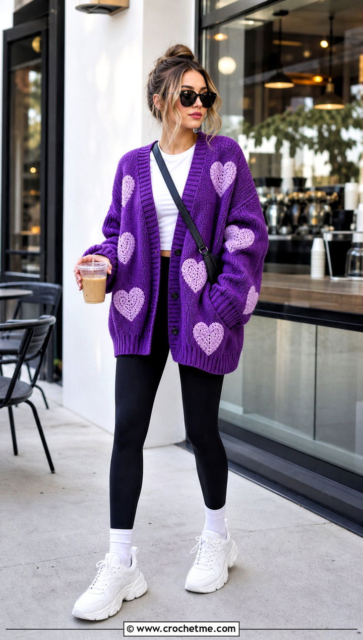 Oversized Heart Motif Cardigan With Leggings - 35 crochet heart cardigan outfit ideas
