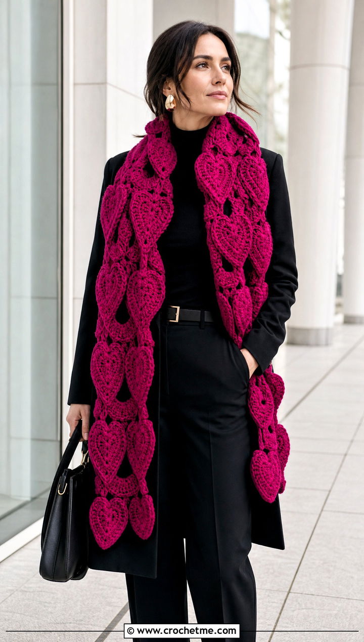 Oversized Heart Motif Scarf With Minimal Black Outfit - 25 crochet heart scarf outfit ideas