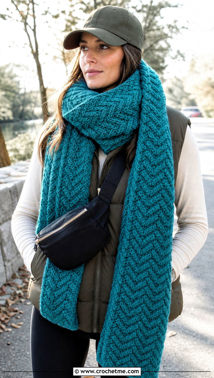 Oversized Herringbone Crochet Super Scarf With Puffer Vest - 15 Herringbone Crochet Scarf outfit ideas