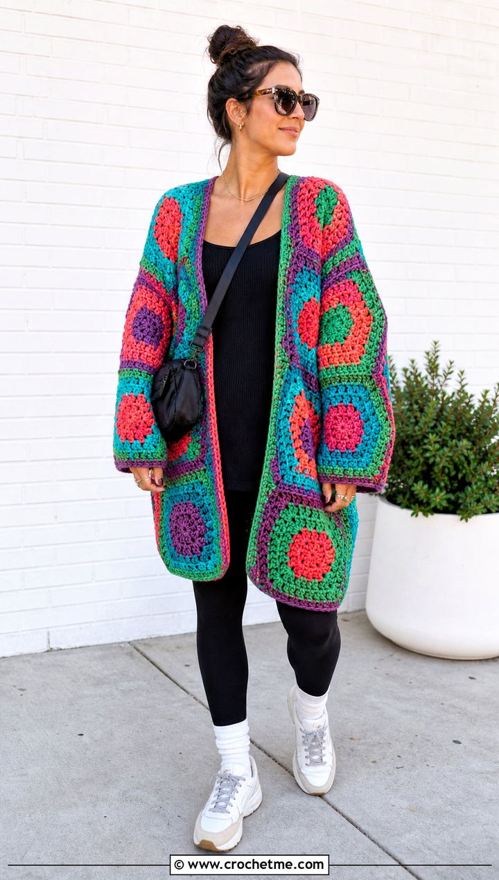 Oversized Hexagon Cardigan With Black Leggings - 25 Crochet Colourful Cardigan outfit ideas