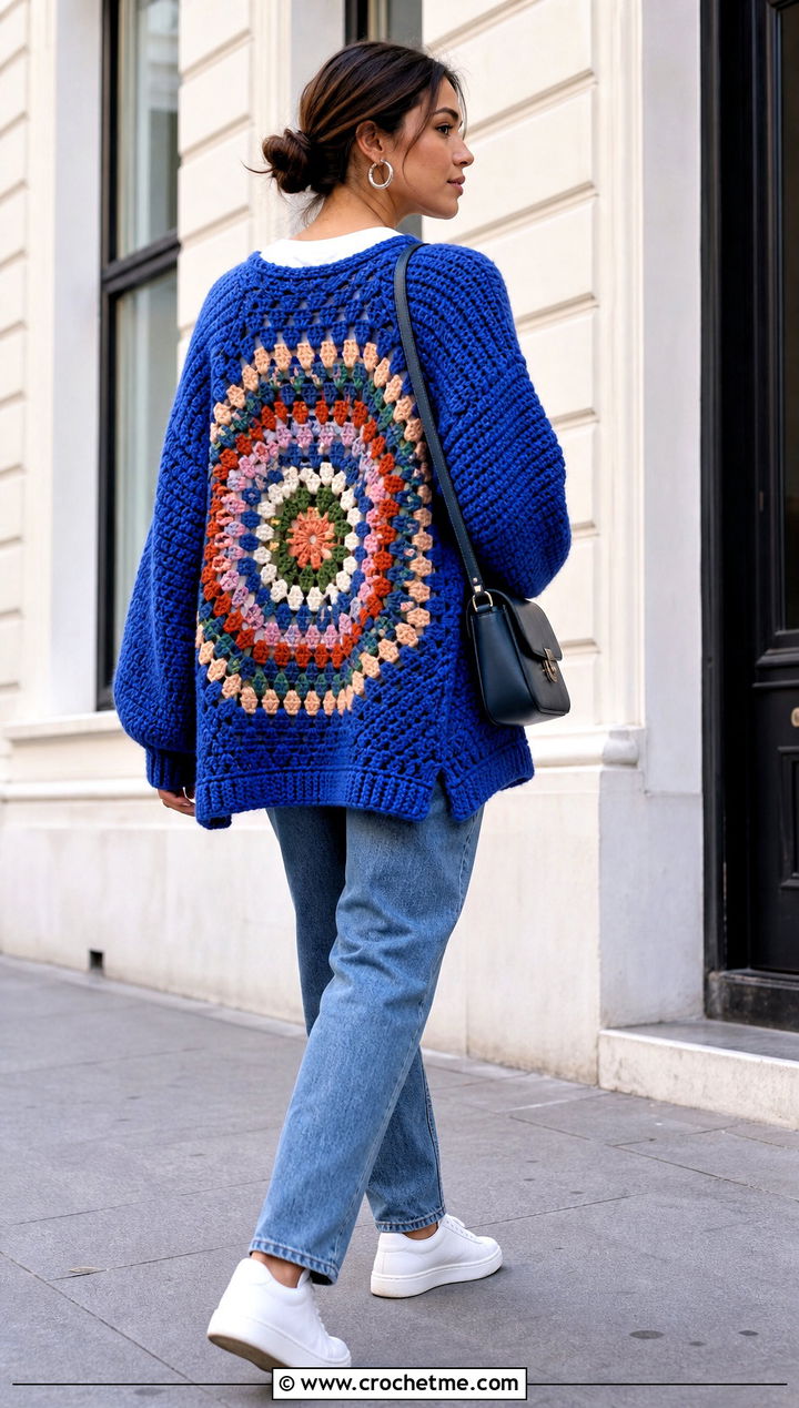 Oversized Hexagon Cardigan With Granny Square Back And Straight Leg Jeans - 20 Hexagon Cardigan With Granny Square Back outfit ideas