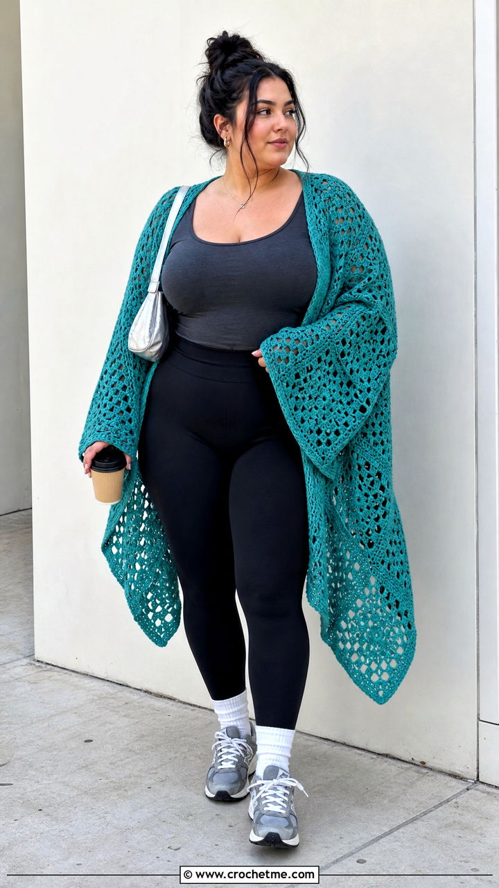 Oversized Hexagon Crochet Boho Cardigan With Leggings - 35 crochet boho cardigan outfit ideas