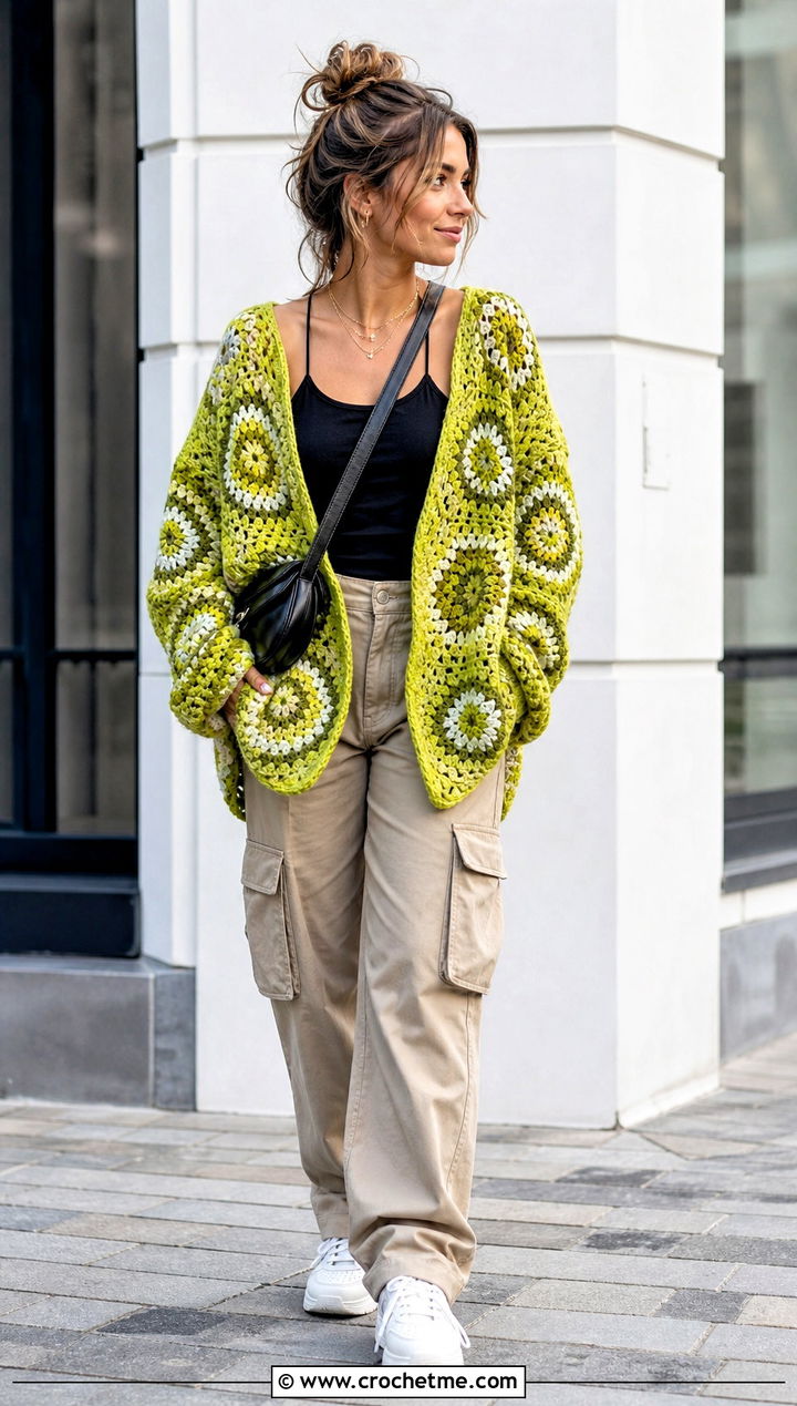 Oversized Hexagon Crochet Cardigan With Cargo Pants - 15 classic crochet cardigan outfit ideas