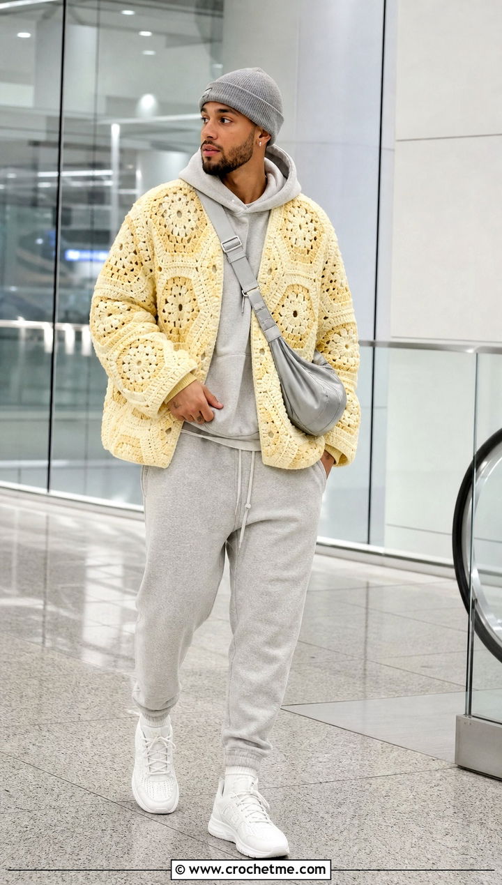 Oversized Hexagon Crochet Cardigan With Hoodie And Joggers - 35 men hexagon crochet cardigan outfit ideas