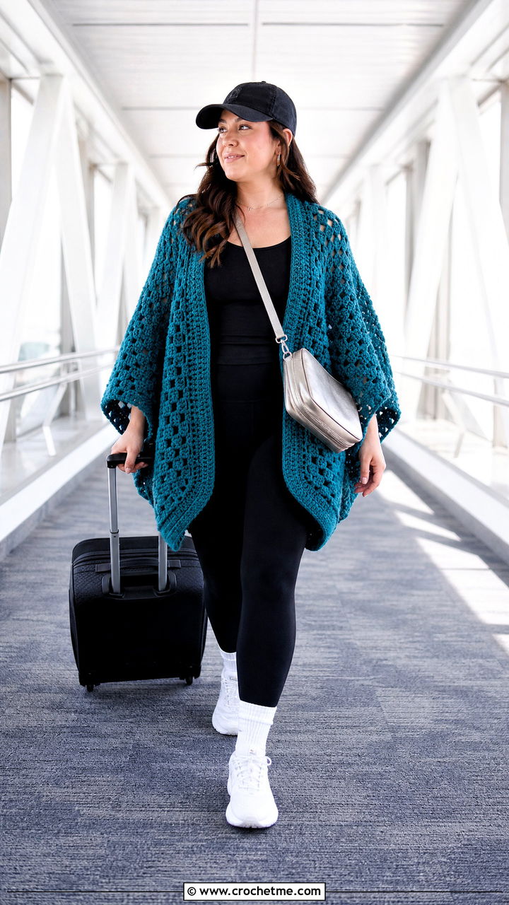 Oversized Hexagon Crochet Cardigan With Leggings And Sneakers - 35 hexagon crochet cardigan outfit ideas