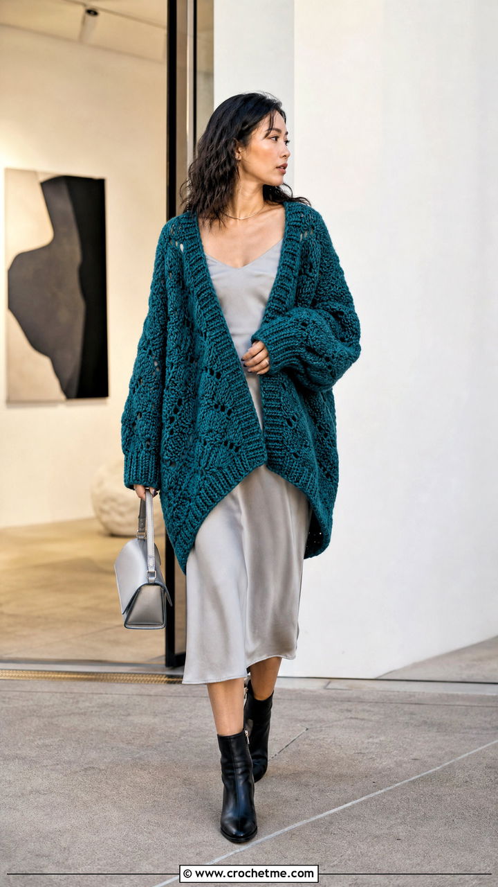Oversized Hexagon Crochet Cardigan With Slip Dress - 35 simple crochet cardigan outfit ideas