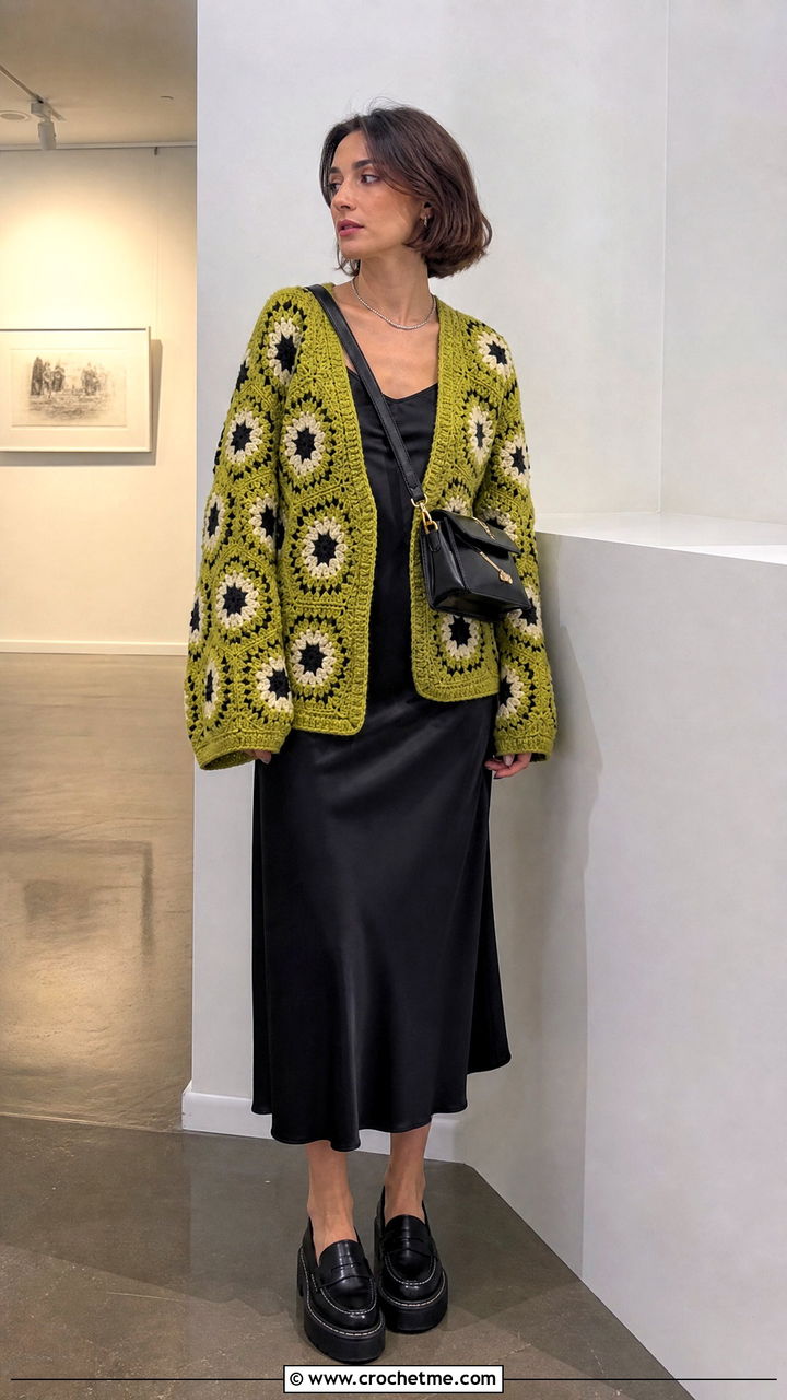 Oversized Hexagon Granny Square Cardigan With Slip Dress - 35 hexagon granny square cardigan outfit ideas