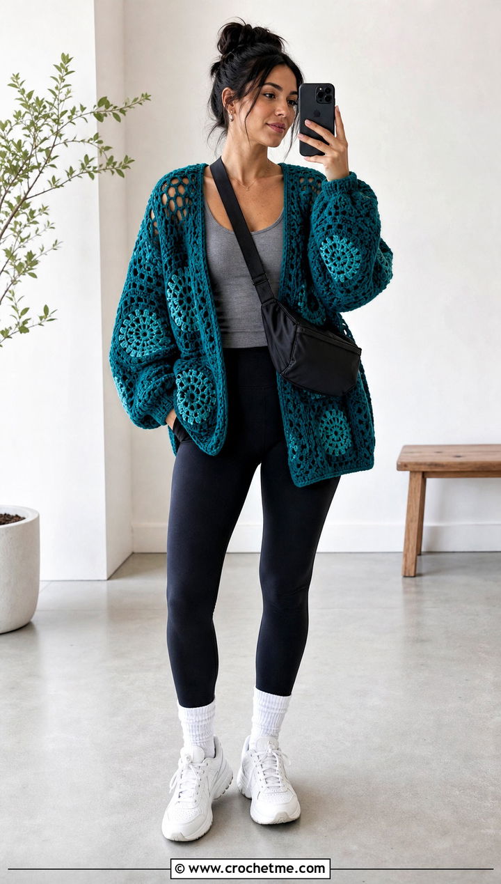Oversized Hexagon Granny Square Sweater With Leggings - 35 hexagon granny square sweater outfit ideas