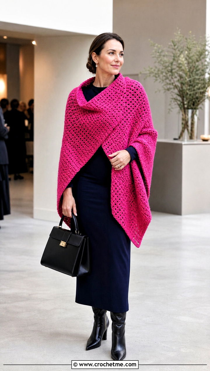 Oversized Hexagon Wrap Shawl With Column Dress - 20 Crochet Hexagon Shawl outfit ideas