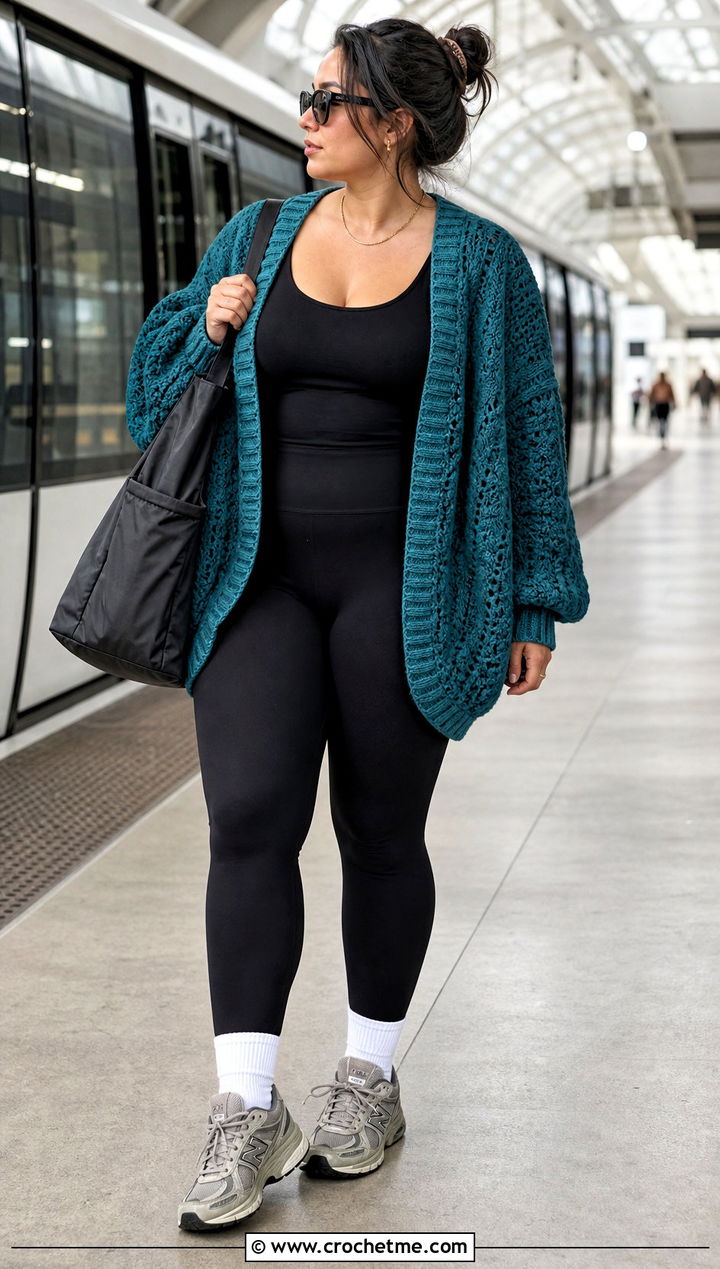 Oversized Hexi Crochet Cardigan With Leggings And Sneakers - 35 hexi crochet cardigan outfit ideas