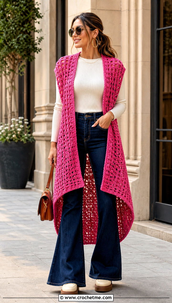 Oversized High Low Crochet Vest With Flared Jeans - 30 oversize crochet vest outfit ideas