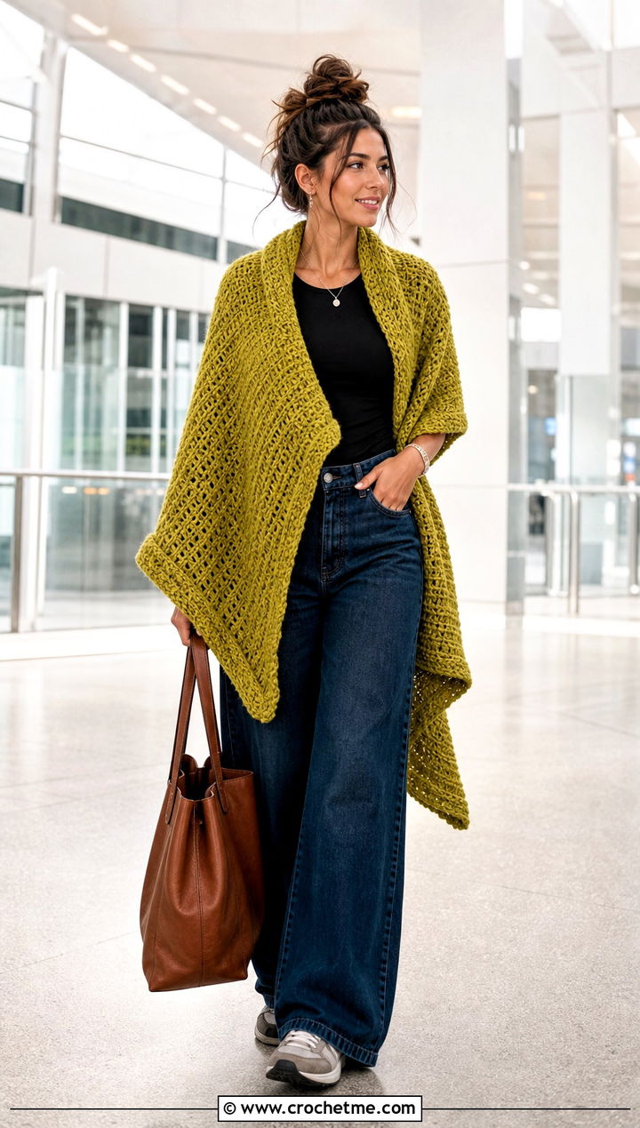 Oversized Highlander Wrap With Wide Leg Jeans - 20 Crochet Highlander Shawl outfit ideas