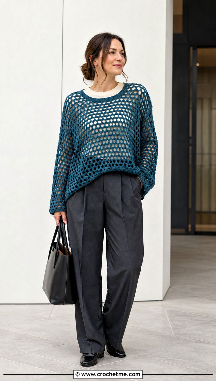 Oversized Honeycomb Mesh Top With Tailored Trousers - 15 Crochet Long Sleeve Mesh Top outfit ideas
