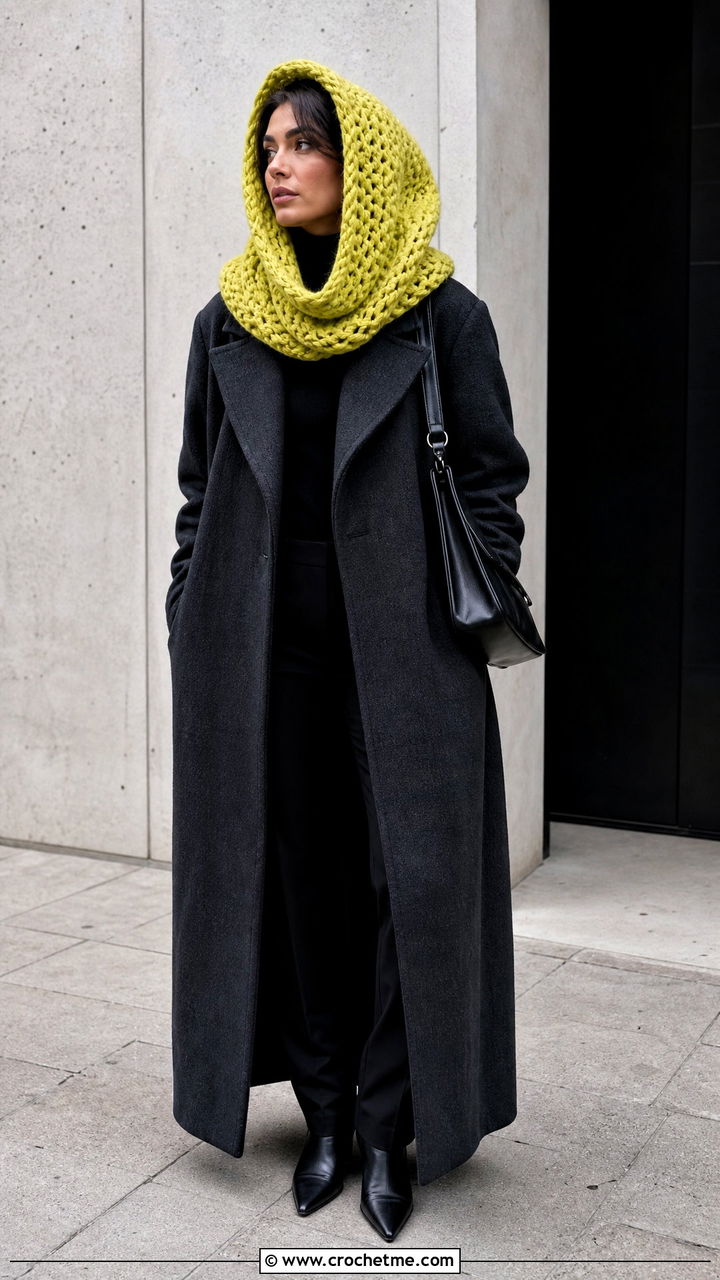 Oversized Hood Balaclava With Maxi Coat - 35 crochet baclava hat outfit ideas