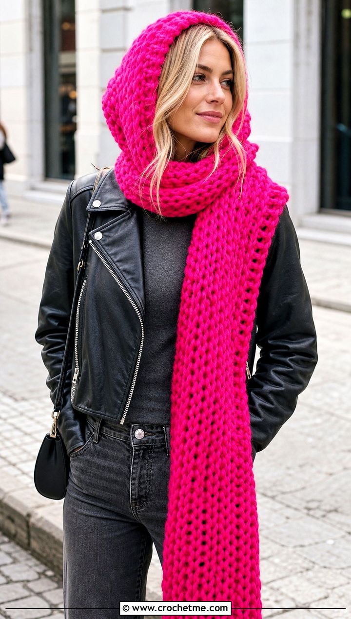 Oversized Hood Scarf With Leather Jacket - 25 Crochet Hoodie Scarf outfit ideas
