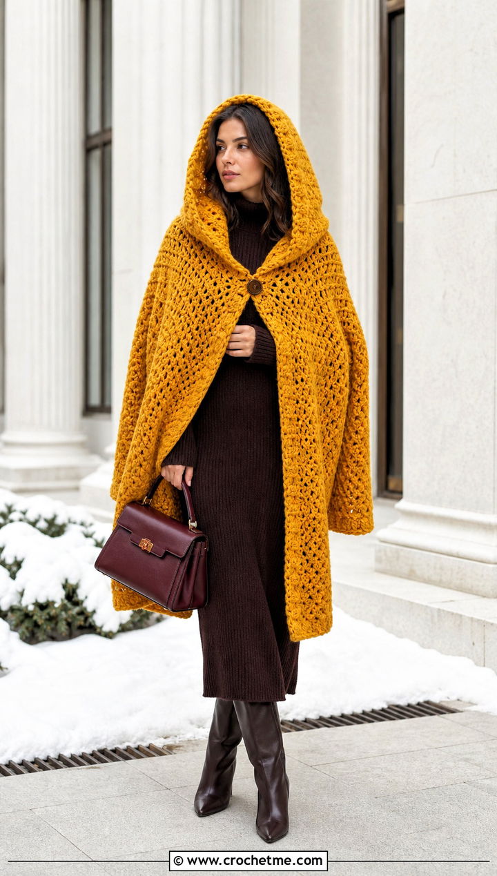 Oversized Hooded Crochet Cape With Knit Column Dress - 25 Hooded Crochet Cape outfit ideas