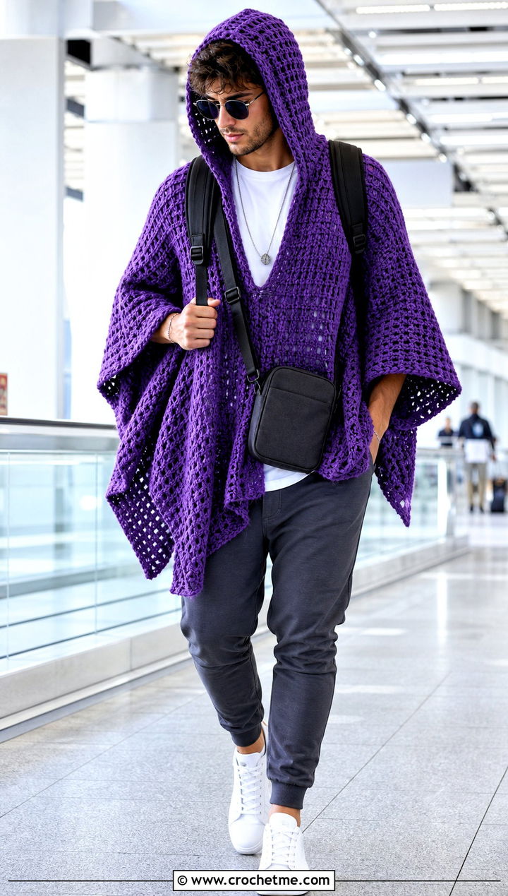 Oversized Hooded Crochet Poncho With Slim Joggers - 15 mens hooded crochet poncho outfit ideas