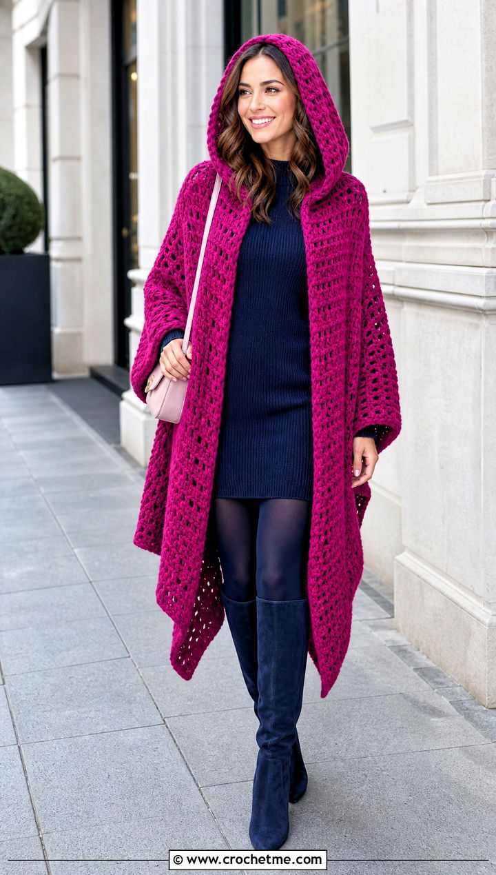 Oversized Hooded Crochet Ruana With Mini Dress - 20 Hooded Crochet Ruana outfit ideas