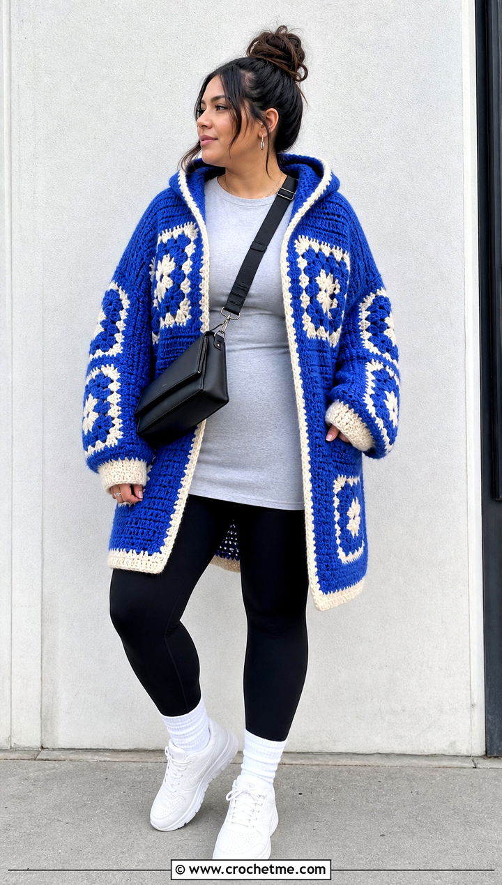 Oversized Hooded Granny Square Cardigan With Leggings - 30 granny square cardigan with hood outfit ideas