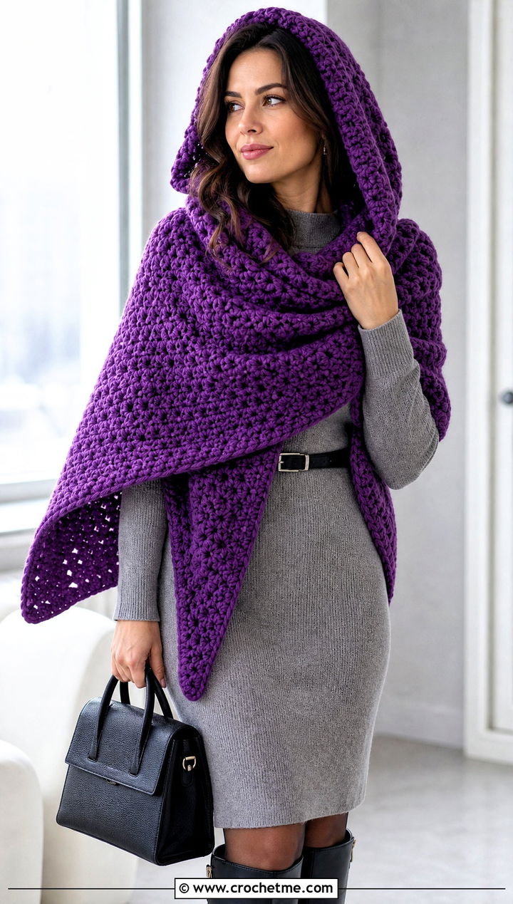 Oversized Hooded Triangle Crochet Scarf With Sweater Dress - 25 Hooded Triangle Crochet Scarf outfit ideas