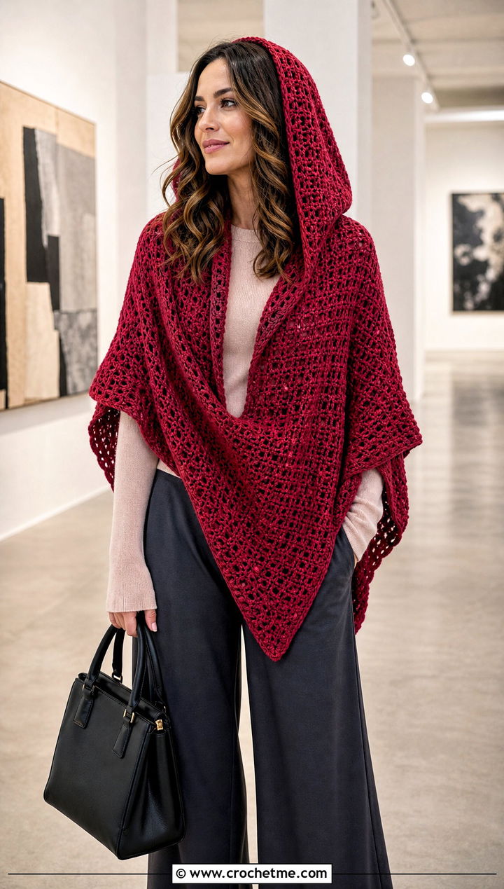 Oversized Hooded Triangle Crochet Shawl With Wide Leg Trousers - 25 Hooded Triangle Crochet Shawl outfit ideas