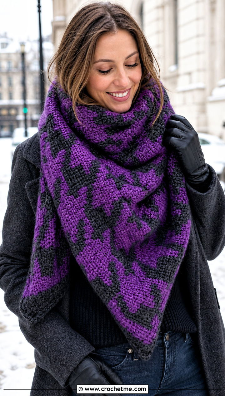 Oversized Houndstooth Crochet Blanket Scarf With Wool Coat - 15 Houndstooth Crochet Scarf outfit ideas