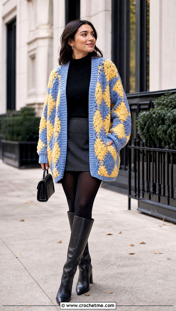 Oversized Howl Crochet Cardigan With Mini Skirt And Boots - 25 Howl Crochet Cardigan outfit ideas