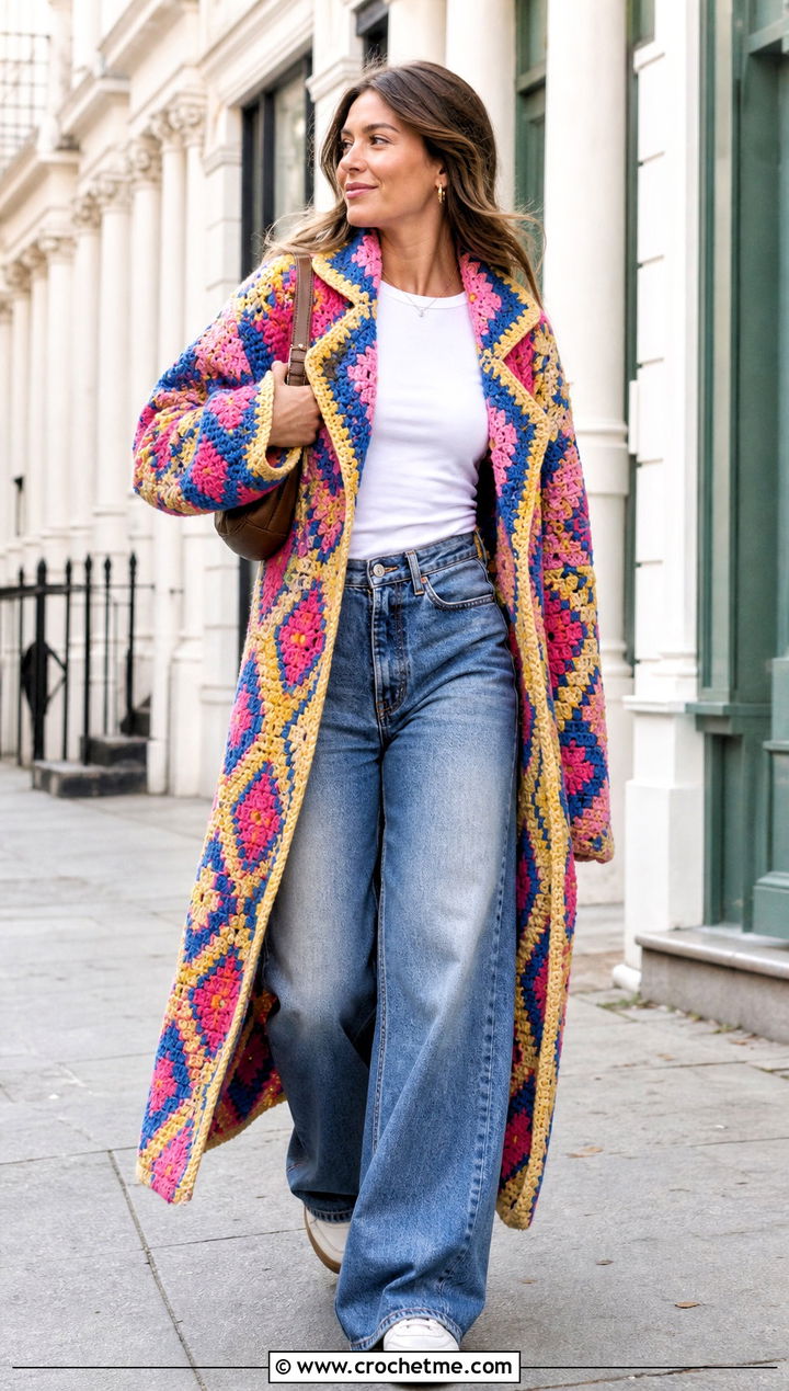 Oversized Howl Crochet Coat With Wide Leg Jeans - 25 howl crochet coat outfit ideas