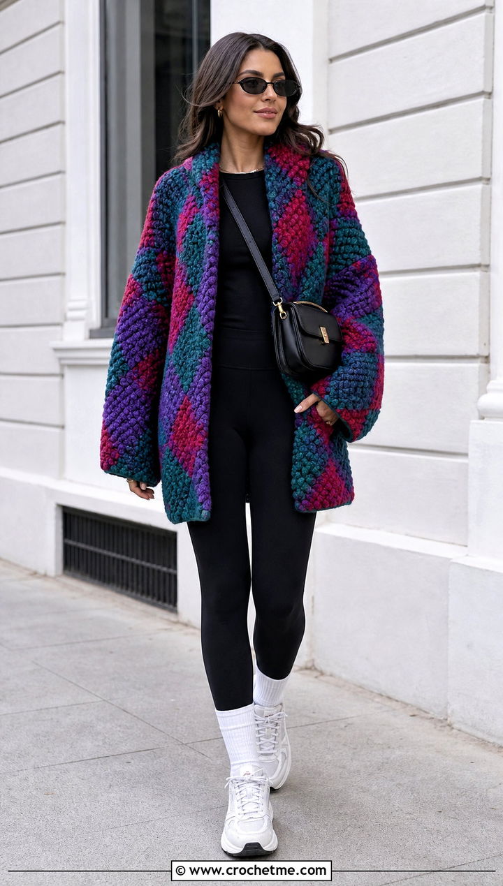 Oversized Howls Crochet Jacket With Black Leggings - 25 Howl's Crochet Jacket outfit ideas