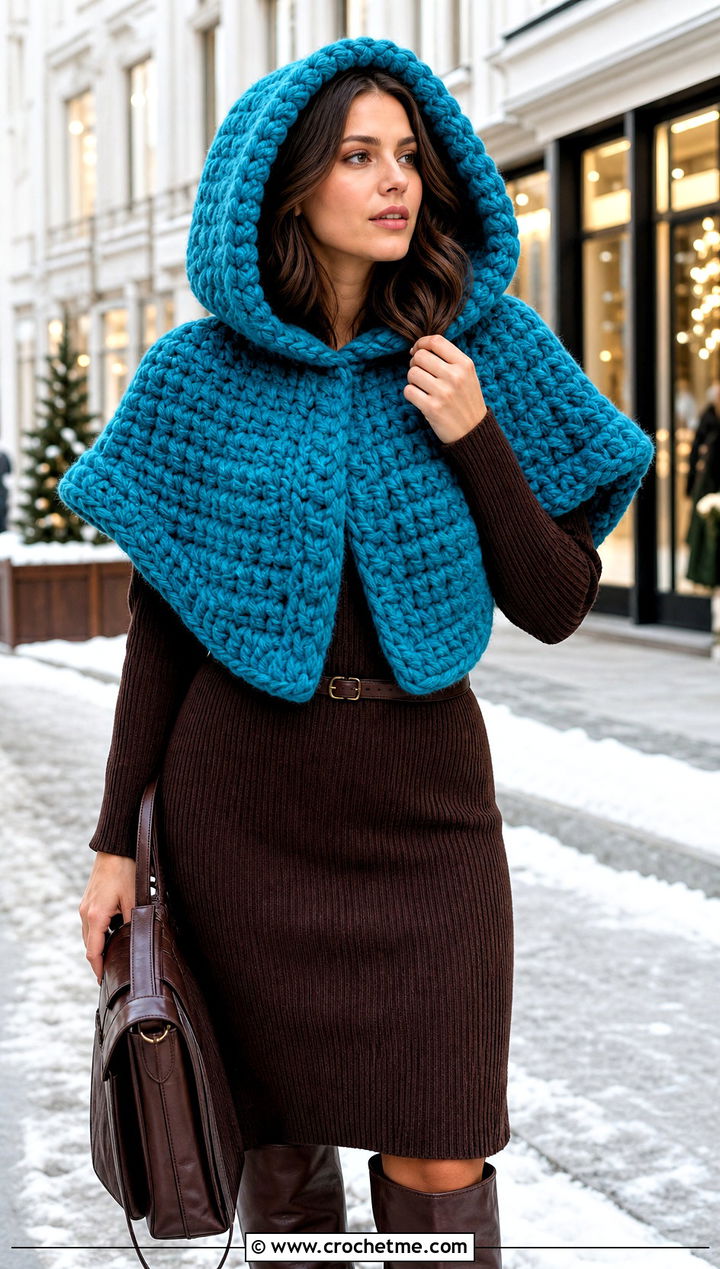 Oversized Katniss Crochet Hood With Knit Dress - 15 katniss crochet hat outfit ideas