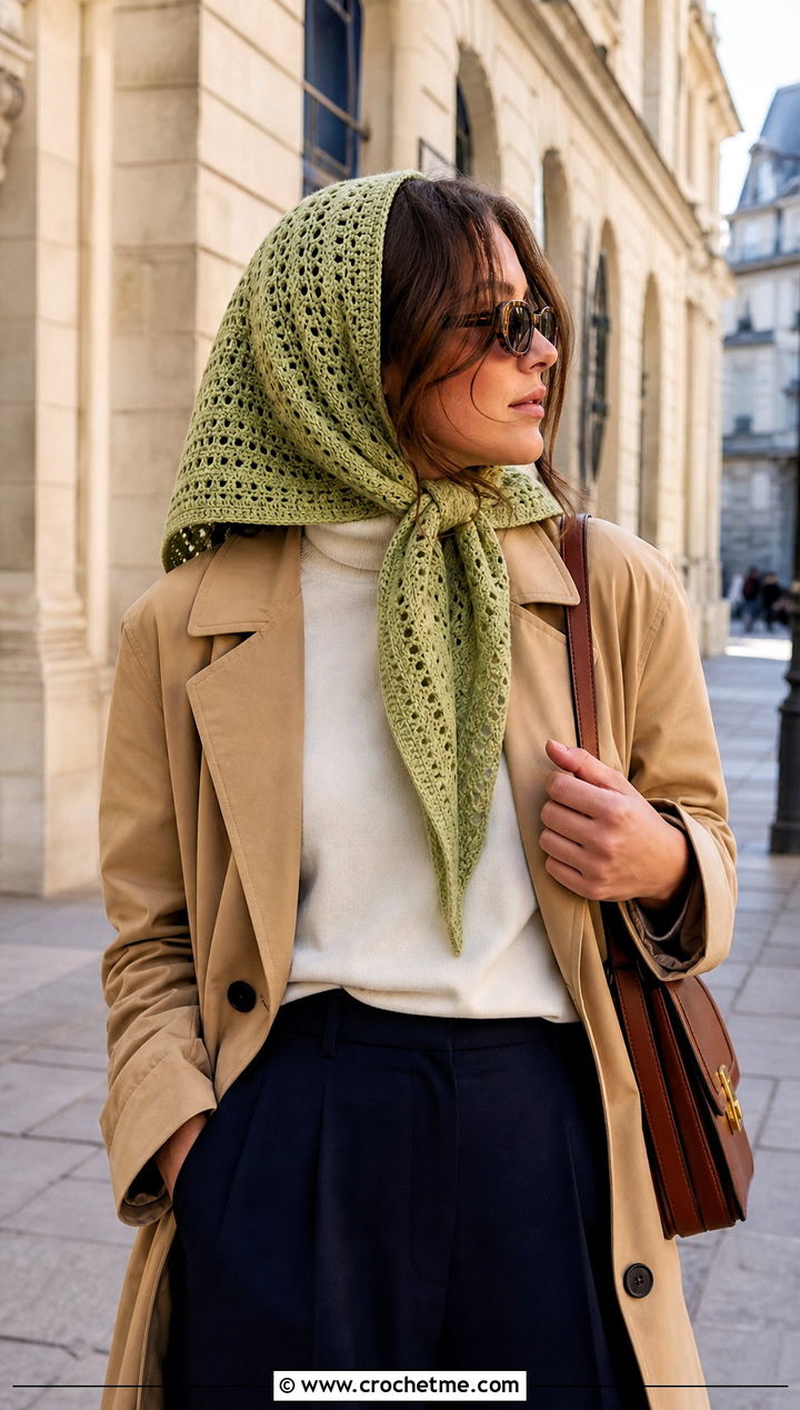 Oversized Kerchief Bandana Crochet Scarf With Trench Coat - 20 Bandana Crochet Scarf outfit ideas