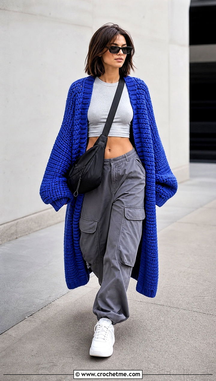 Oversized Knit Stitch Tunisian Cardigan With Cargo Pants - 20 Crochet Tunisian Cardigan outfit ideas