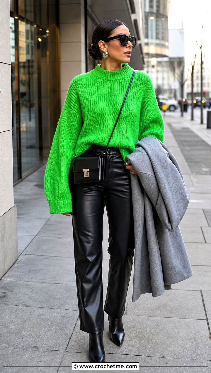 Oversized Knit Sweater With Leather Pants - 30 Knit And Crochet Sweater outfit ideas
