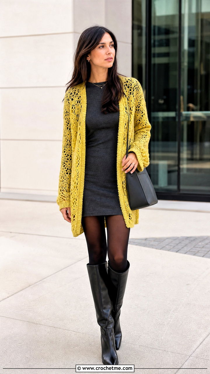 Oversized Lace Cardigan With Mini Dress And Boots - 35 crochet lace cardigan outfit ideas