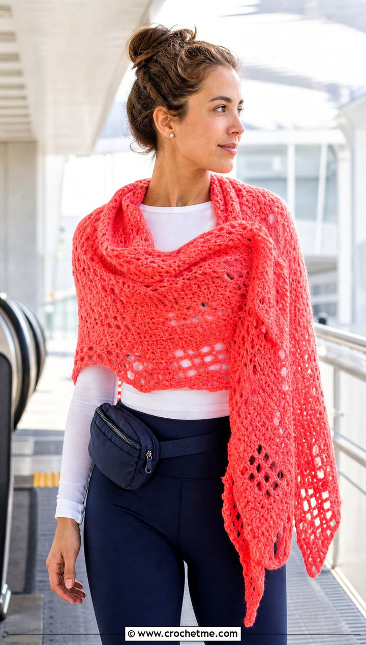 Oversized Lace Triangle Shawl With Leggings And Sneakers - 25 Crochet Lacy Triangle Shawl outfit ideas