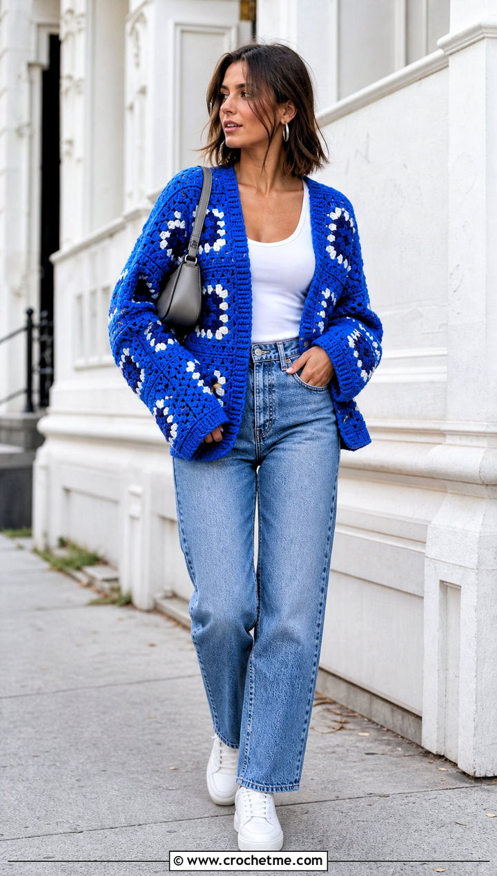 Oversized Large Granny Square Sweater With Straight Leg Jeans - 35 large granny square sweater outfit ideas
