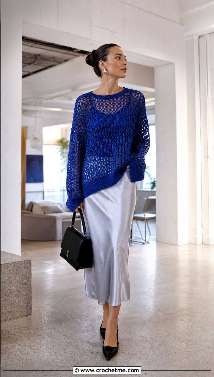 Oversized Lattice Crochet Sweater With Satin Midi Skirt - 20 Open Weave Crochet Sweater outfit ideas